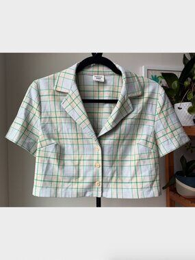 Aritzia Sunday Best Cream, Green, and Purple Plaid Cropped Button Up - Size S